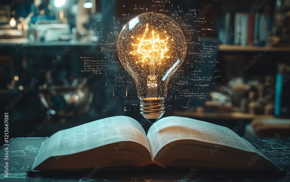 Poster a glowing lightbulb above an open book, with mathematical formulas and equations illuminating the ba