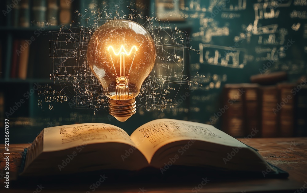 Poster a glowing lightbulb above an open book, with mathematical formulas and equations illuminating the ba