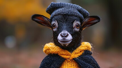 Fototapeta premium Baby goat dressed in cozy knitted attire happily poses in a forest during autumn