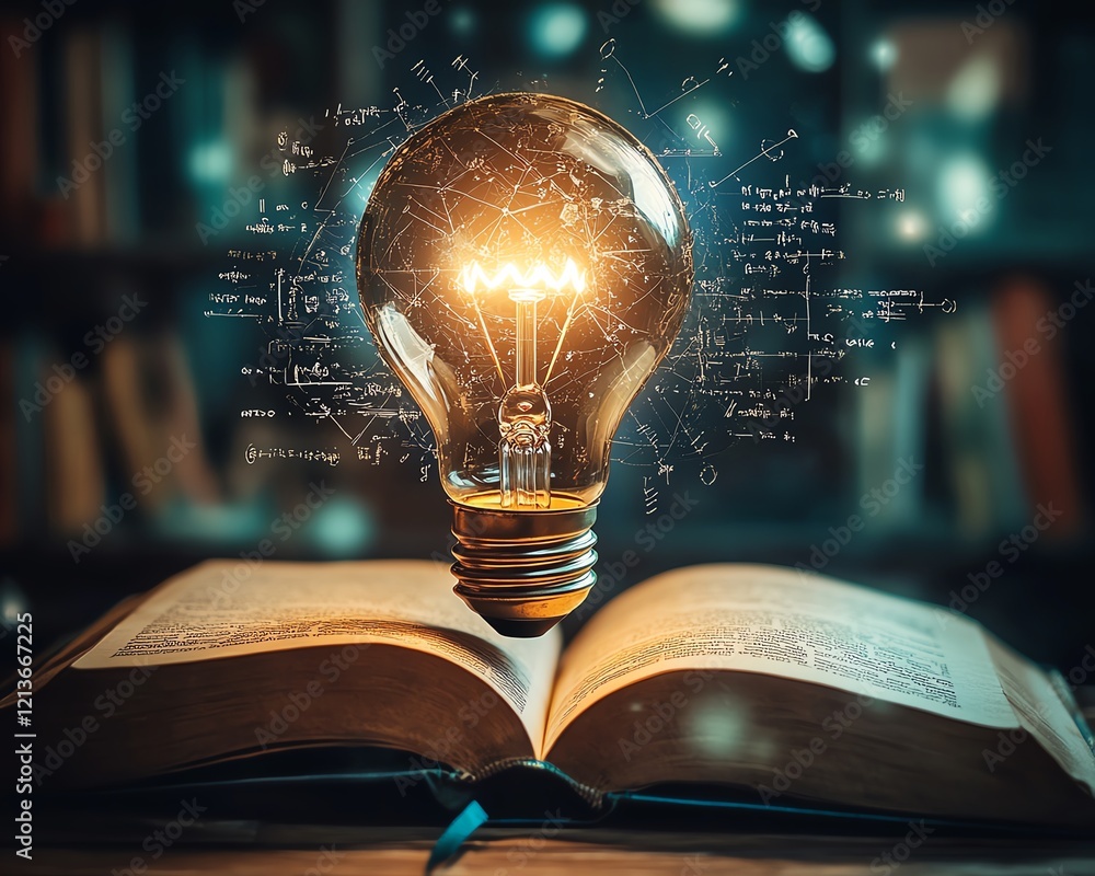 Poster a glowing lightbulb hovering above an open book, with complex mathematical formulas illuminating the