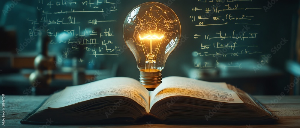 Poster a glowing lightbulb resting above an open book, with mathematical formulas and equations lighting up