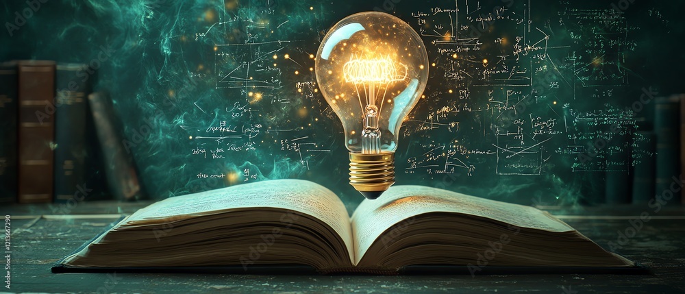 Poster a glowing lightbulb resting above an open book, with mathematical formulas and equations lighting up