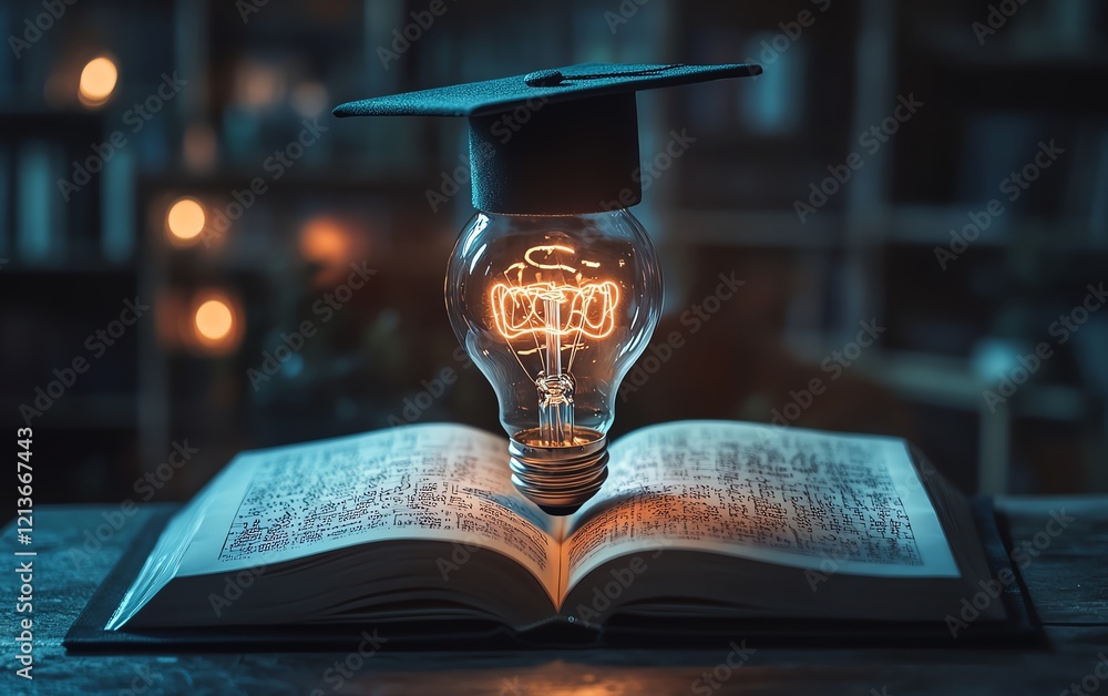 Aufkleber a glowing lightbulb with a graduation cap on top, surrounded by an open book filled with complex mat