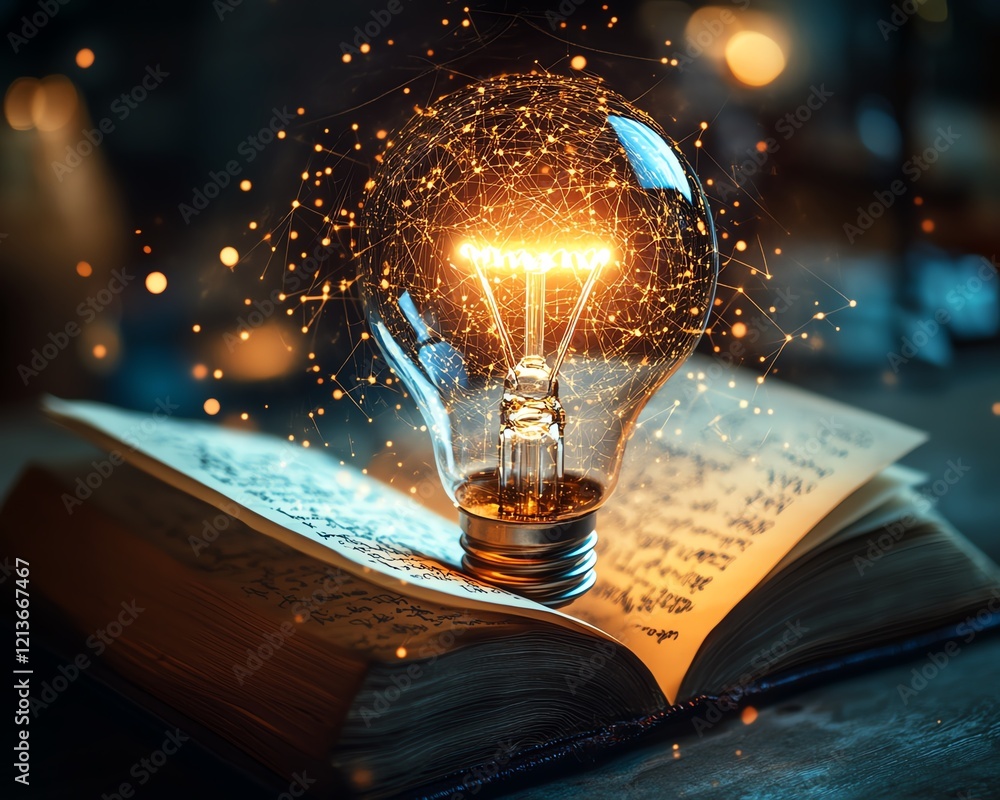 Poster a glowing lightbulb with a graduation cap, surrounded by an open book filled with complex mathematic