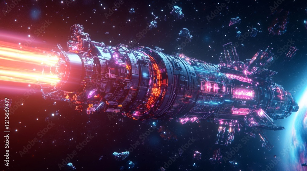 Poster a long, silver spaceship is flying through a dark space filled with stars and asteroids. the spacesh