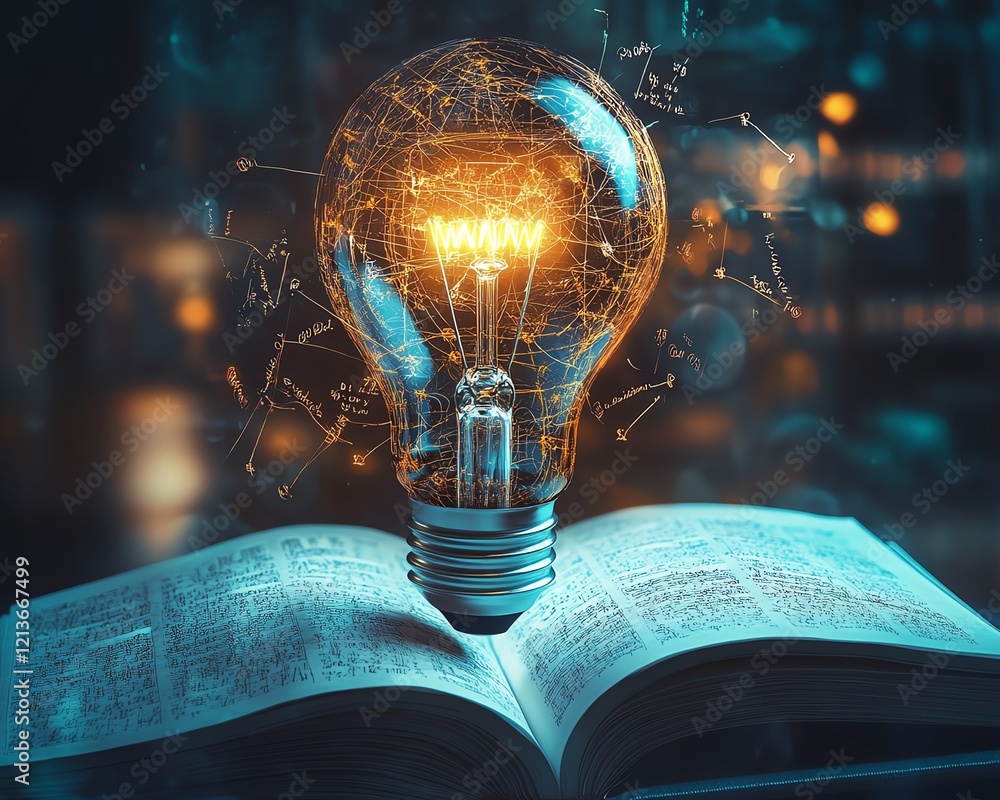 Poster a glowing lightbulb with a graduation cap, surrounded by an open book filled with complex mathematic