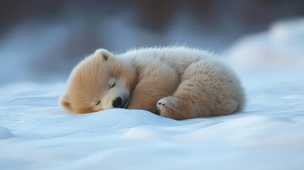 Adorable Polar Bear Cub Sleeping Peacefully In Snow