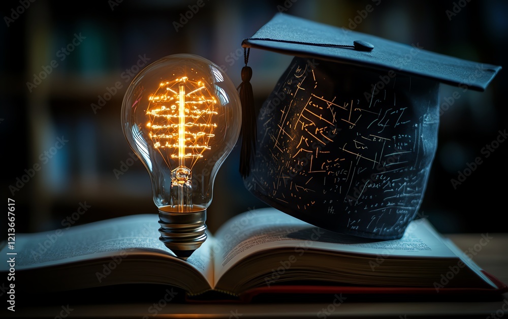 Poster a graduation cap on a lightbulb, with an open book displaying flowing mathematical formulas, glowing