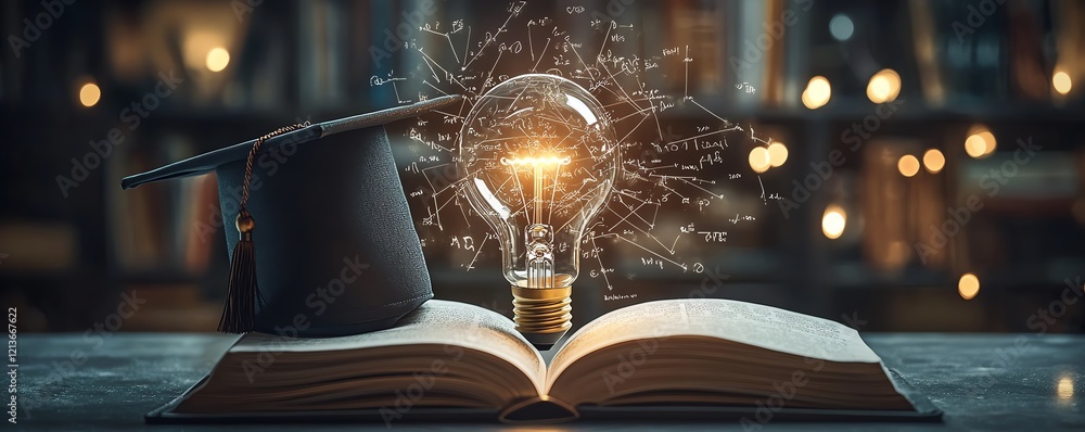 Poster a graduation cap on a lightbulb, with an open book displaying flowing mathematical formulas, glowing