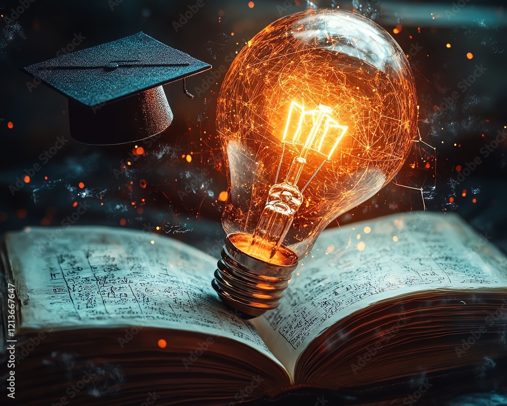 Poster a glowing lightbulb with a graduation cap, surrounded by an open book filled with complex mathematic