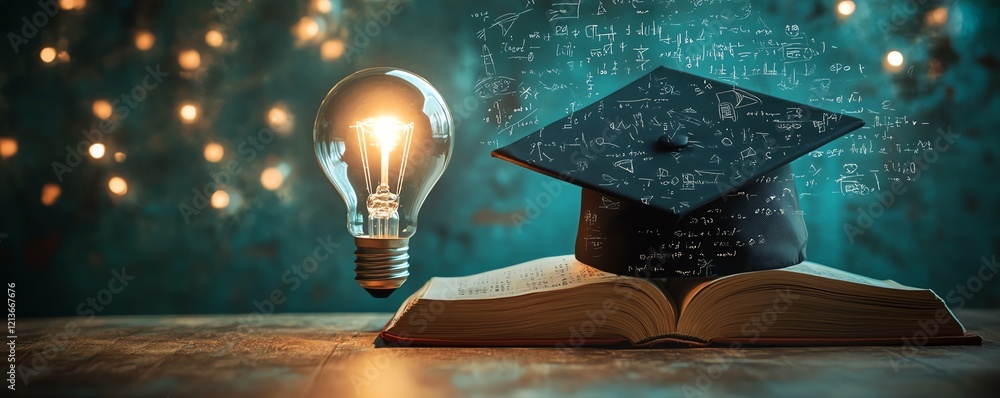 Poster a graduation cap on a lightbulb, with an open book displaying flowing mathematical formulas, glowing