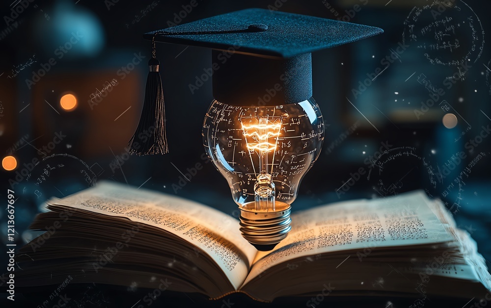 Poster a graduation cap on a lightbulb, with an open book displaying flowing mathematical formulas, glowing