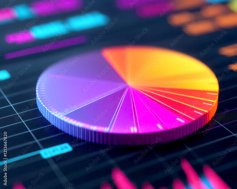 Poster colorful pie chart on a digital screen with data visuals.