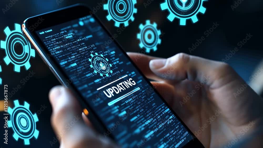 Poster a hand holding a smartphone displaying system update progress on screen.