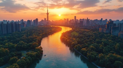 Fototapeta premium Sunset Over Urban River A Serene Cityscape with Lush Greenery and Distant Skyline
