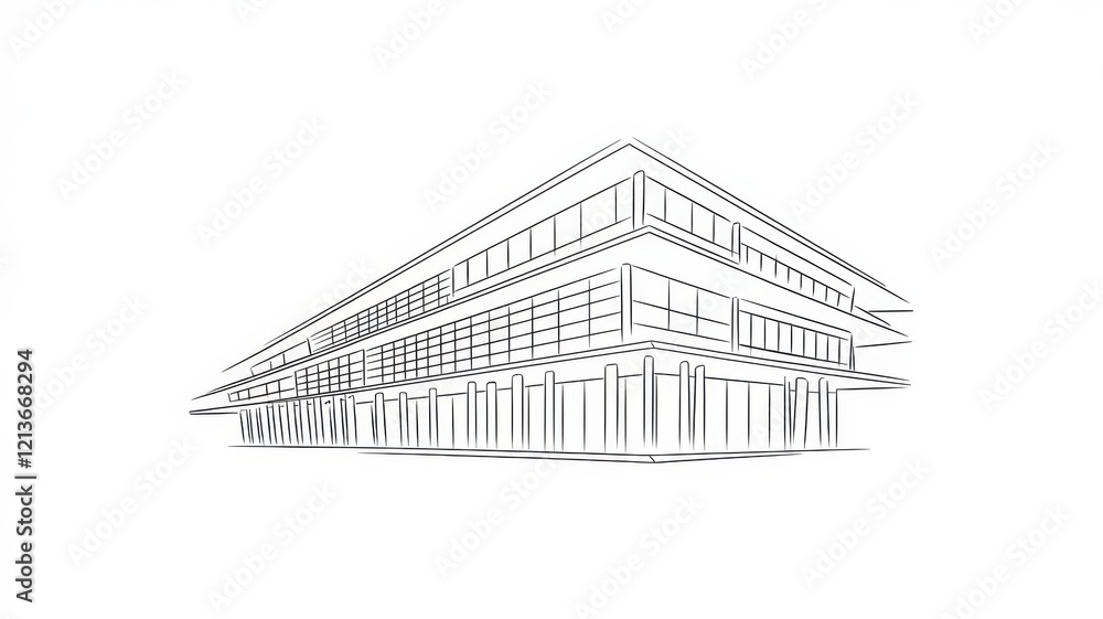 Poster modern building architectural sketch: a three-story structure design