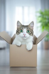 Curious cat explores its cardboard box adventure with wide eyes in a cozy indoor setting