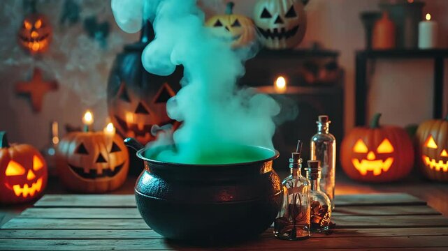 Hauntingly vibrant green potion bubbles in a cauldron surrounded by glowing jack-o'-lanterns during Halloween night