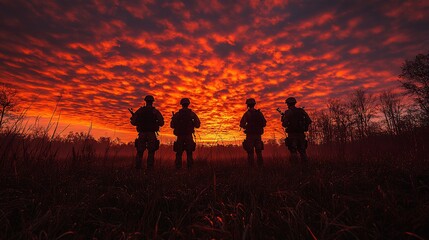 Fototapeta premium Soldiers silhouetted against a fiery sunset.