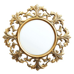 A decorative round mirror with an ornate, gold leaf frame featuring intricate floral designs.