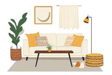 Cozy living room interior with sofa, plants, and decor.