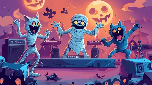 Cartoon mummy werewolf and zombie celebrating Halloween with lively music and spooky vibes at a costume party