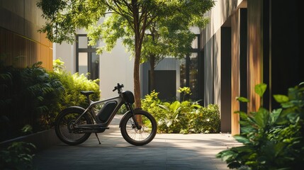 Fototapeta premium Electric bike parked courtyard green building sunlight