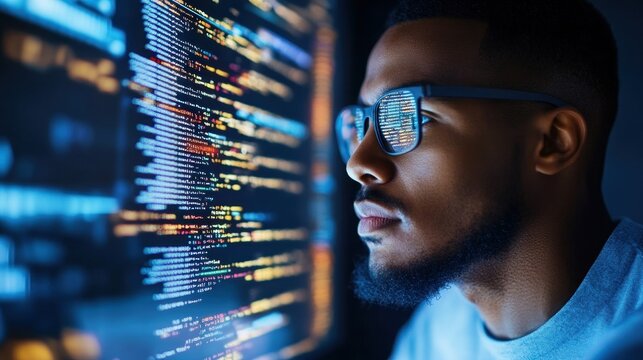 Focused Programmer Studying Code on Monitor