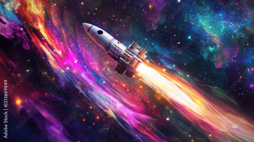 Poster a white spaceship travels through a dark space filled with colorful streaks and stars. the spaceship