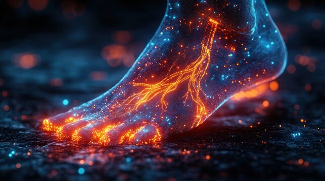 Futuristic Digital Foot Anatomy with Glowing Nerve Network Representing Diabetic Neuropathy and Nerve Damage