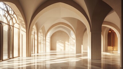 Fototapeta premium Sunlit Arches: A Modern Hallway with Golden Accents