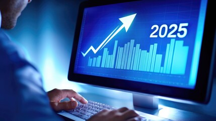 Businessmen use computers and digital virtual graphs of growth, with a rising arrow and the text "2025" on the screen, for planning business gestures, ideas, or future strategy concepts for the year.