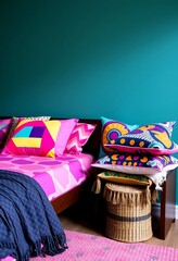 Vibrant Pink Bedding with Bold Geometric and Floral Pillows in a Teal Room