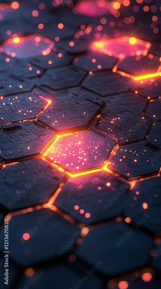 Aufkleber glowing hexagons on dark surface with bokeh background