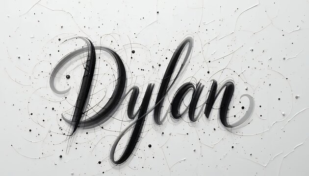 3D Rendering of the Name Dylan in Stylish Calligraphy with Particle Effects on a Black and White Background: A Modern and Elegant Design