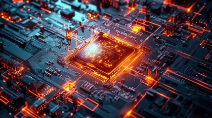 Glowing CPU in Motherboard, Circuitry Close-up