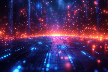 Fototapeta premium Futuristic Abstract Digital Landscape with Glowing Blue Lines and Particles in Cyberpunk Style