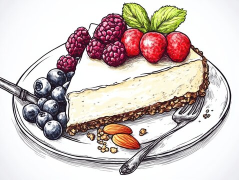 cheesecake slice with berries, almonds, plate clip art preview