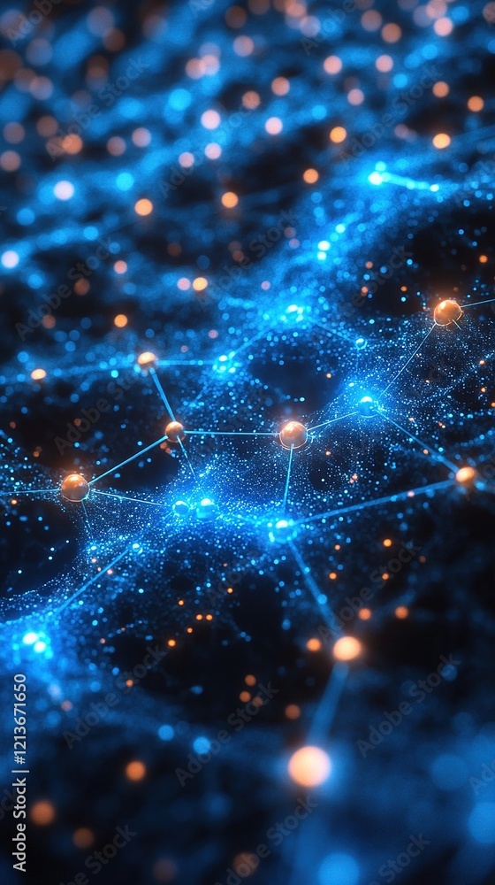 Poster glowing network nodes connecting data across dark digital landscape
