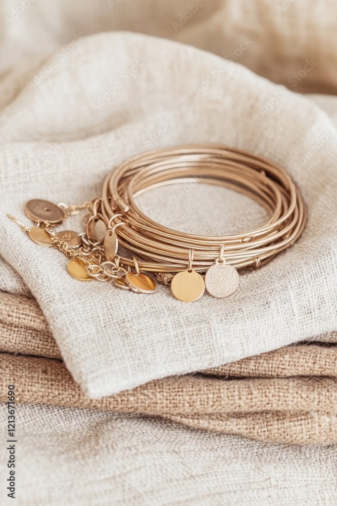 Poster delicate charm bracelets resting elegantly on soft linen fabric create a serene and artistic display