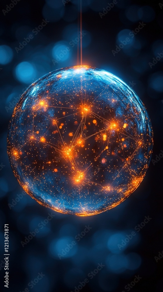Poster glowing orb with network, dark bokeh background, data visualization