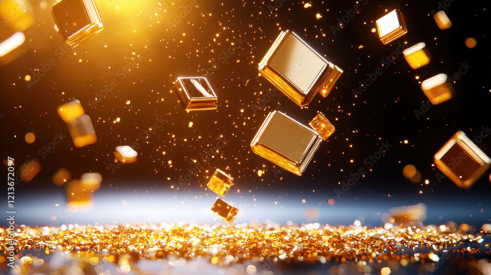 Poster golden cubes and sparkling particles create mesmerizing scene, evoking sense of luxury and elegance.