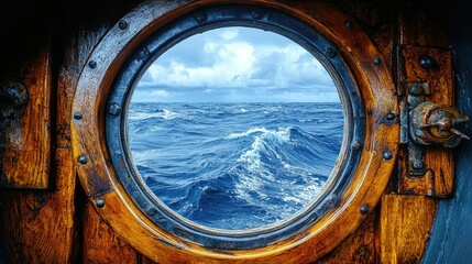 Wooden Ship Porthole Ocean View Stormy Seascape