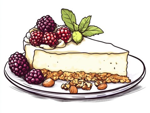 cheesecake slice with berries and nuts on plate clip art preview