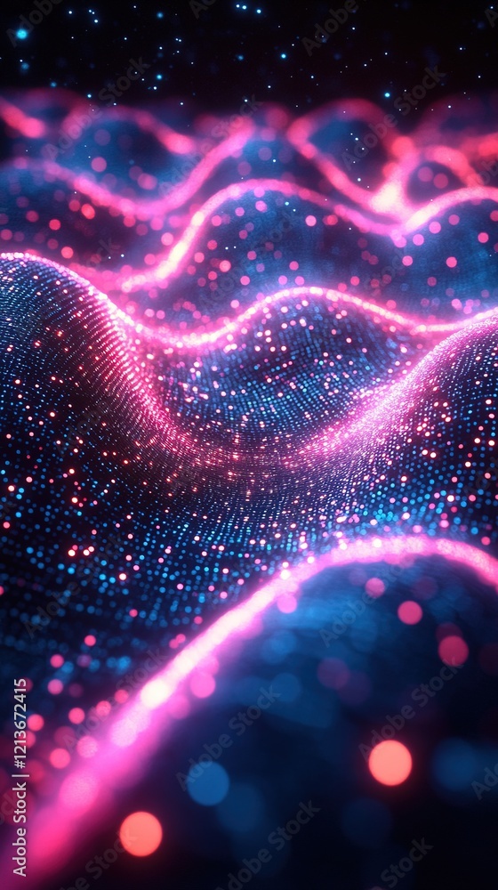 Poster glowing particle waves flow in digital space