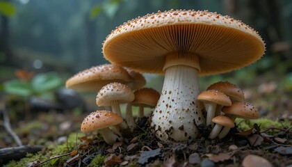 Fototapeta premium Close-up view of a cluster of mushrooms thriving on the forest floor, showcasing intricate details of their caps, stems, and surrounding moss and soil. The image captures the vibrant natural colors an