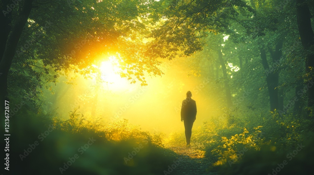 Poster in the quiet of early morning, a person strolls along a gentle path surrounded by tall trees and vib