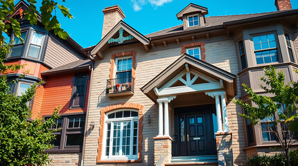 Obraz premium Luxury Brick Townhouse Exterior: Architectural Design and Real Estate Photography