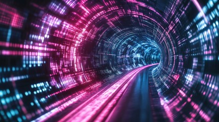 Fototapeta premium Digital tunnel, neon, speed, data, road, future, abstract, background, technology, website