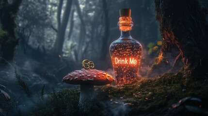 A mysterious Wonderland scene with a glowing "Drink Me" bottle, a golden key resting on a mushroom, and misty forest surroundings.